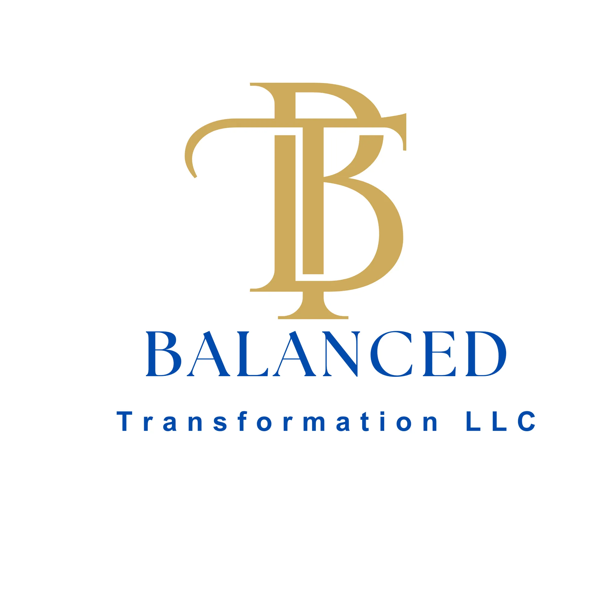 Balanced Transformation LLC gold BT monogram with blue wordmark