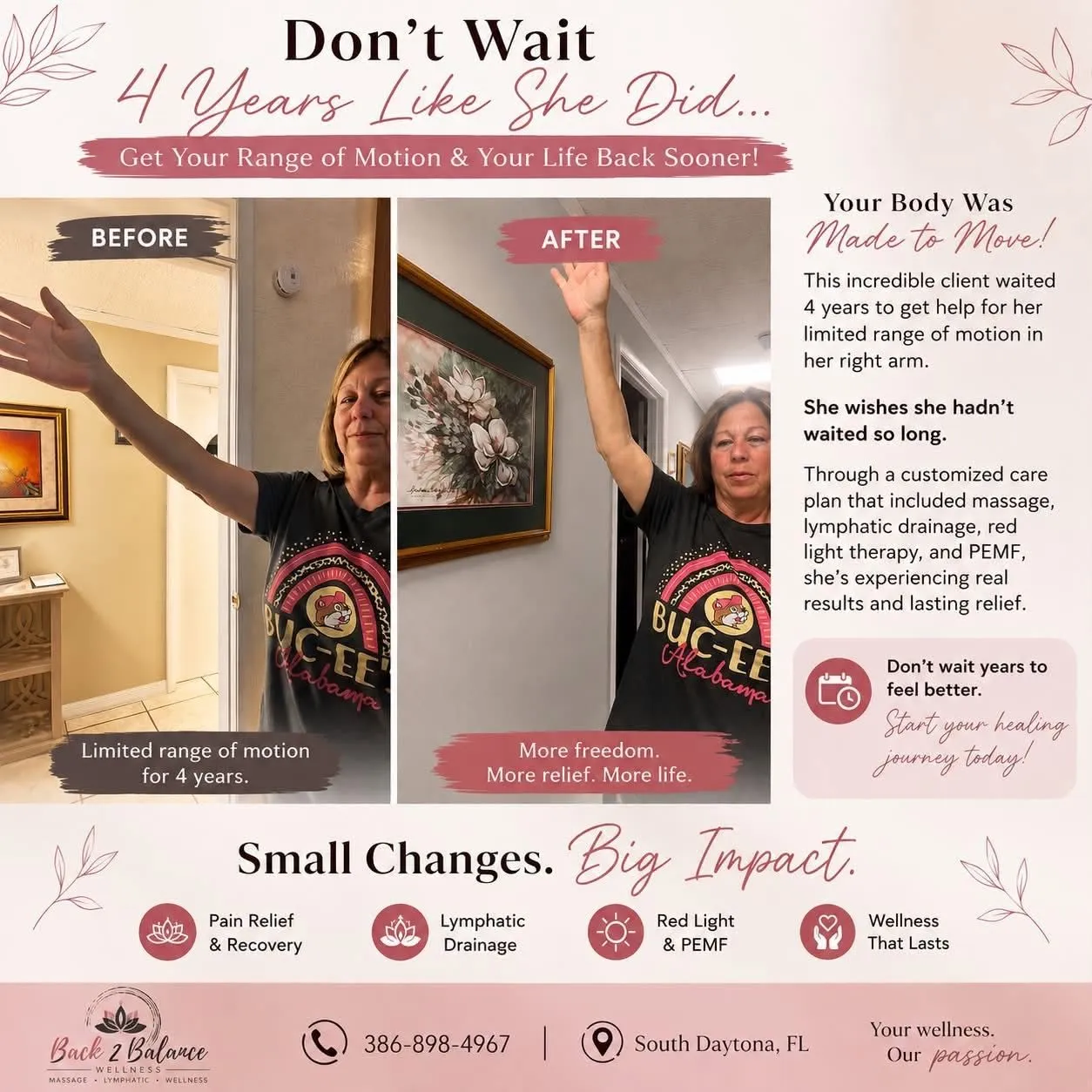 Before-and-after range-of-motion recovery story: a client raises her right arm from limited movement before care to a higher, freer position after a customized plan including massage, lymphatic drainage, red light therapy, and PEMF.